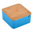 A square toiletry bag in bright blue with a natural bamboo lid and a small opening. It features a logo.