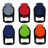 A set of six mobile stands in grey, red, navy, green, blue, and orange, featuring black holders with logos.