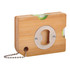 A drink bottle opener made from bamboo featuring a built-in level. It includes a silver opening mechanism and a metal chain.