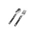 A set of stainless steel cutlery including a spoon and fork with black handles, featuring a loop design.