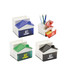 A pen holder with memo holder features clips, in blue, green, black, and white colours, with a logo present.