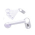 A set of white measuring scoops in various sizes, joined by a ring, with a logo on one scoop.