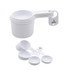 A set of white measuring scoops in various sizes, featuring a handle and a logo on one piece.