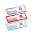 A set of three combs with mirrors in purple, red, and blue, each featuring a logo on the front.