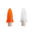 A drink bottle stopper set featuring an orange and a clear stopper. Both have a smooth design and a base attachment.