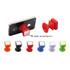 A collection of colourful mobile stands in red, orange, green, blue, white, and black, designed for smartphones.