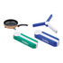 A collection of colourful hot pot mats in green, blue, and white, alongside a frying pan. The mats feature a logo.