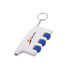A white keyring featuring three blue massage buttons and a keychain attachment.