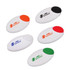 A set of five oval pill boxes in white, with red, green, orange, and black accents, featuring a logo.