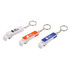 A drink bottle opener keychain in white, orange, and blue, featuring a logo on each.