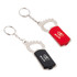 A drink bottle opener with light, featuring black and red colour options, attached to keyrings. It has a logo.