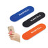 A set of three mobile holders in blue, black, and orange, with a hand demonstrating one holder. Each holder has a logo.