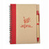 A brown notebook with a red spine, featuring a logo and a red pen attached.