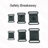 A collection of black safety breakaway clips in various sizes, designed for use with lanyards.
