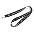 A black polyester lanyard with a clasp and printed branding. It features a sturdy design suitable for events.