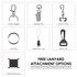A collection of lanyard attachment options including clips, loops, and rings, shown in various styles.