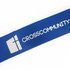 A blue nylon lanyard featuring a logo and the text "CROSSCOMMUNITY".