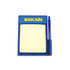 A blue memo holder with a yellow notepad and a blue pen attached. It features a logo.