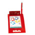 A red memo holder with a pen, featuring several coloured note markers and a branding logo.