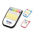 A set of memo holders in black, red, and blue featuring various sticky note colours and a built-in holder for notes.