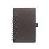 A6 notebook made from recycled coffee grounds with a brown cover and spiral binding. It features an elastic closure.