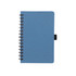 A6 recycled wheat straw notebook in blue with a black spiral binding and a black elastic band closure.
