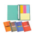 A set of sticky notes in various colours, with a pen and a case, featuring multiple coloured flags and a logo.