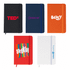 A collection of five notebooks in black, navy, orange, red, and white, each featuring different logos and designs.