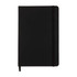 A black notebook with an elastic closure and a bookmark ribbon, featuring a smooth cover and a logo.