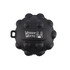 A black, round toy featuring raised bumps and a logo, designed with playful character details.