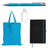 A blue tote bag, a black notebook with a blue ribbon, a turquoise pen, and a small bottle of hand sanitizer.