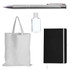 A silver pen, a clear hand sanitizer bottle, a black notebook with an elastic band, and a plain white tote bag.
