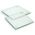 A set of two square glass coasters, featuring a clear and glossy finish with rounded corners.