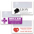 A collection of credit card-sized magnifiers in white, featuring various logos and branding in purple and black.
