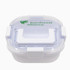 A clear plastic lunch box with a white lid featuring a handle and a logo.