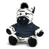A black and white zebra plush toy wearing a navy-blue top, featuring a friendly expression and soft texture.