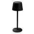 A black rechargeable table lamp with a rounded shade and a slim base. It features a sleek, modern design.