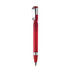 A red plastic pen with a chrome clip and grip, featuring a transparent barrel and a smooth writing tip.