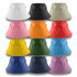 A collection of bucket hats in various colours: white, black, beige, pink, orange, red, yellow, green, blue, and purple. Each hat has a logo.