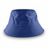 A large blue bucket hat with a structured brim and attached branding.