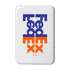 A white wireless charging powerbank featuring a logo in purple and orange.