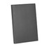 A refillable journal with a sleek black apple leather cover, featuring a branded logo on the front.