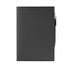 A black leather refillable journal with a sleek design and a silver pen holder on the side, featuring a logo.