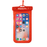 A waterproof phone pouch in bright red with a transparent front, featuring a logo at the top.