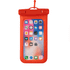 A red waterproof phone pouch with a clear front, displaying a smartphone screen and icons. It has a logo on it.