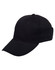 A black heavy brushed cotton cap featuring a curved brim and a fitted design, with a logo on the front.
