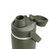 A drink bottle in olive green with a spout and removable cap, featuring a logo on the side.