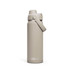 A drink bottle in a light beige colour with a lid and carry handle, featuring a brand logo.