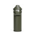 A drink bottle in an olive green colour with a silver cap and a handle, featuring a logo.