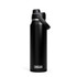 A drink bottle in matte black, featuring a screw-top lid and a carry handle, with a visible logo.